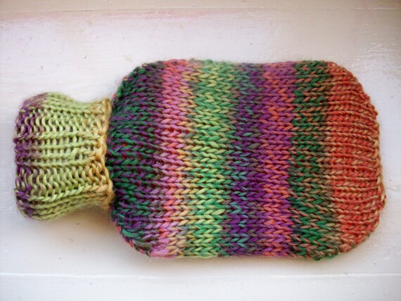 Fun hot water bottle and hand knitted knit cozy by SpinningStreak
