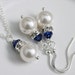 Bridesmaid Jewelry Set - Swarovski White Pearl and Dark Sapphire Crystal Necklace and Earring Set, Blue and White Necklace and Earring Set