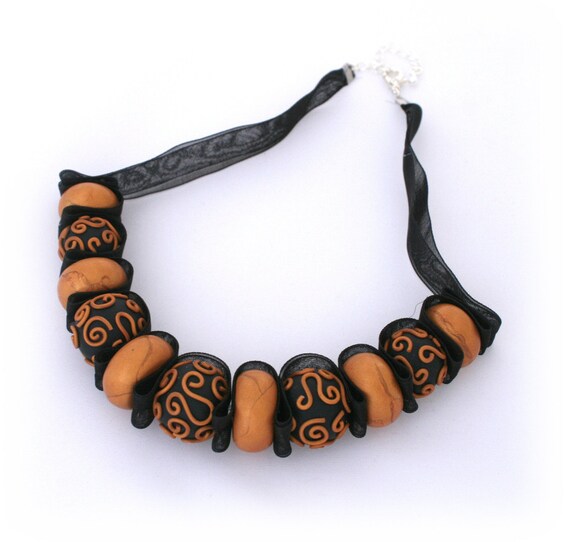 Black Gold Ribbon Necklace  Gold Filigree Swirls by Lottieoflondon 