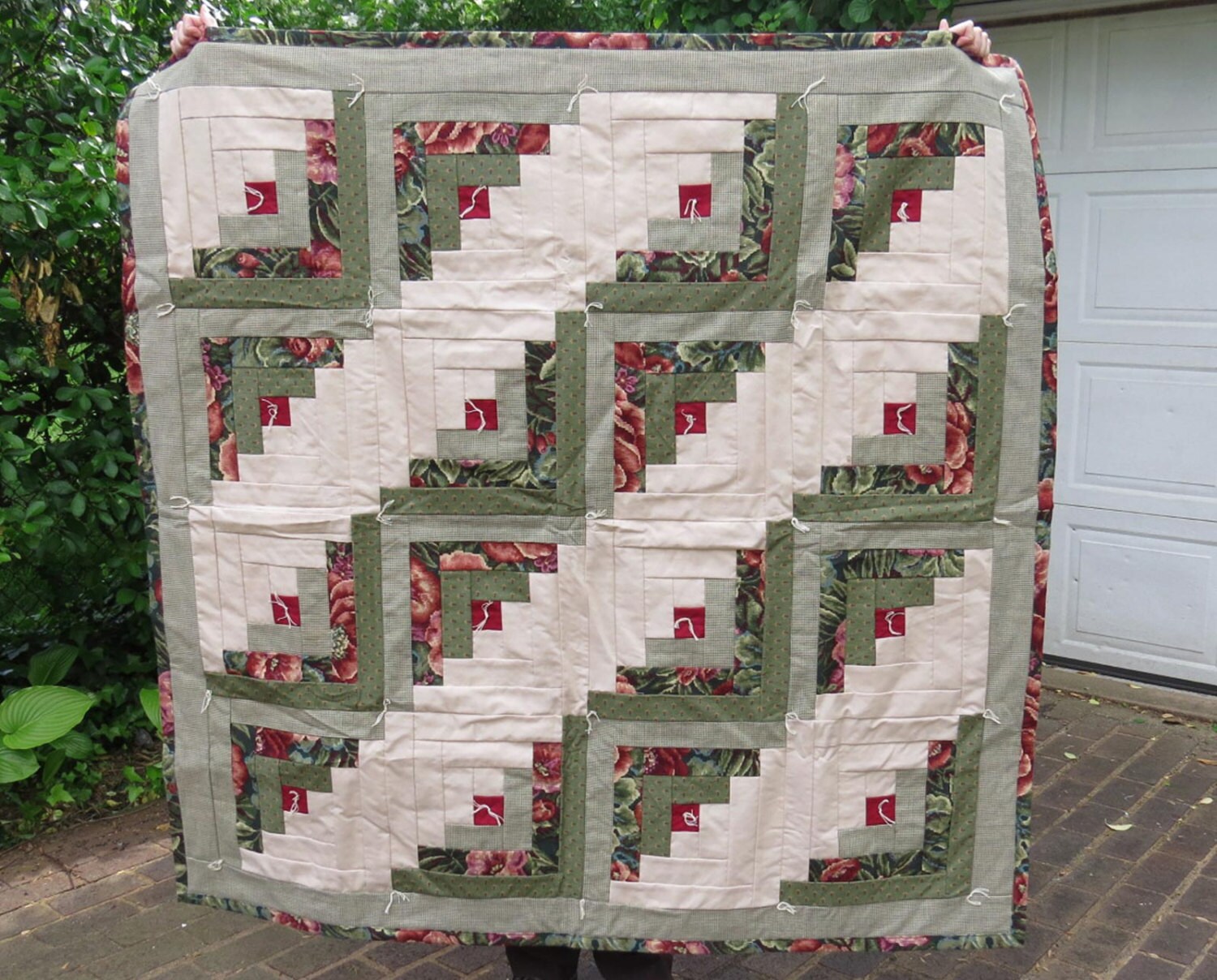 Beautiful Reds Greens Hand Tufted Patchwork Quilt, Made in USA, 59