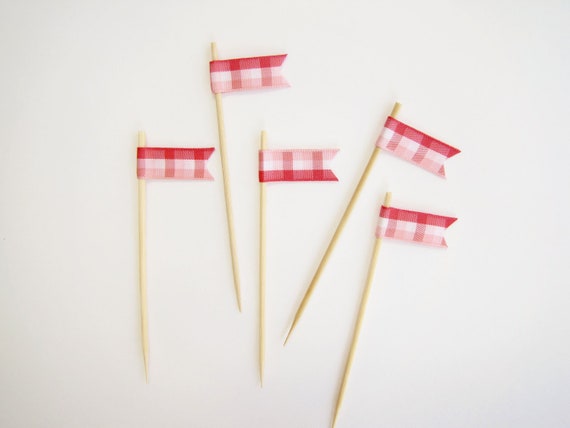 Ribbon Cupcake Cake Topper Flags, Set of 12, Wedding, Shower, Birthday, Party Decor -rustic country red and pink gingham