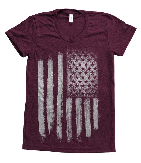 American Flag Women Tri-blend American Apparel Track Shirt Hand Screen Printed