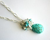 Turquoise Teardrop Necklace, Gemstone Clusters, Blue White, Bridesmaid Gift, Wedding Jewelry
