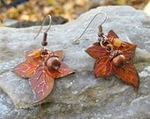Handpainted LEAF and ACORN EARRINGS Perfect Fall Earrings on Antique Brass Wires Red Orange Bronze Brown