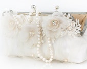 Ivory and Champagne duo tone Bridal Clutch with Alencon Lace Organza Flower in Ivory 8-inch LAFORET