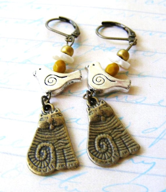 Cat and Bird Dangle Earrings Beaded Mixed Metal by meiguidesigns