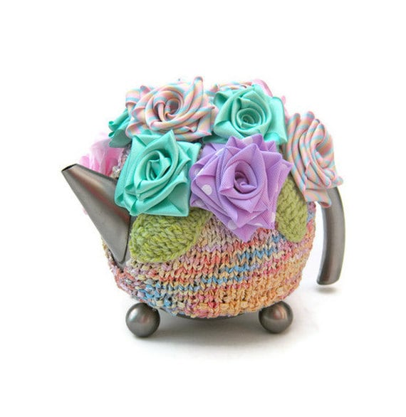 Knitted tea cozy cottage chic pastel flowers teapot cosy by jarg0n