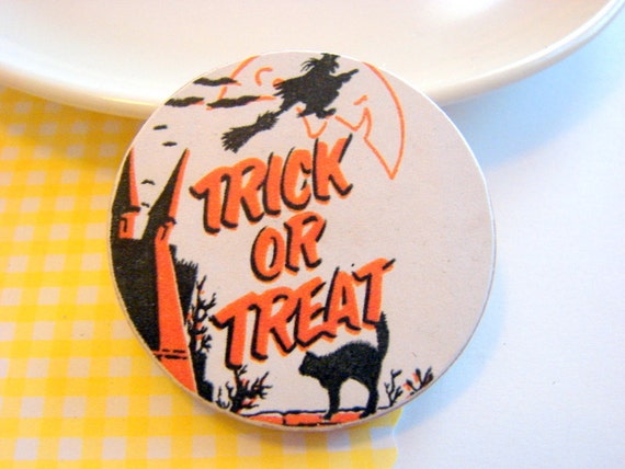 Trick or Treat Pin  Black Cat and a Witch in the by mimiandlucy
