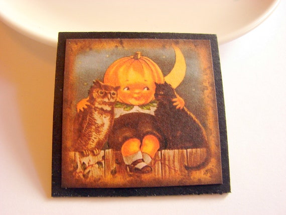 Pumpkin Head Boy with an Owl and a Black Cat Pin  by mimiandlucy
