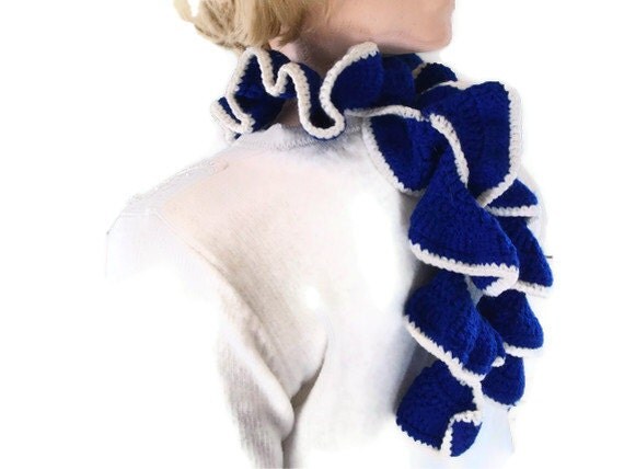Crochet Ruffled Waterfall  Scarf  in Blue & by UniquelyYourDesigns