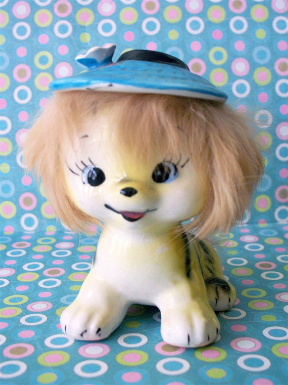 Ultra Kitschy Cute Mid Century Kitsch California Creations by Bradley Japan Tiger with Blue Flower Hat and Real Fur stamped 1959