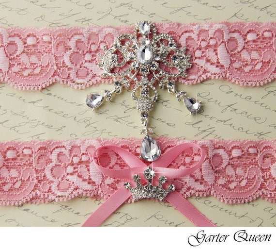 SALE Wedding Garter Set Bridal Garter Pink Stretch Lace Keepsake and Toss garters, Rhinestone and Crystal garters