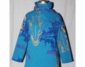 Tourquoise Turtle Neck Sweatshirt Hand Printed with Boar Skulls, Tie Dye, and Bell Flowers