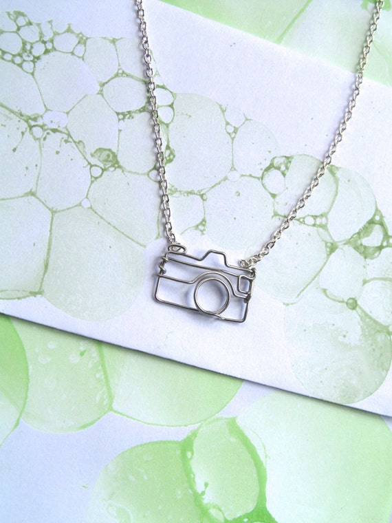 Camera Necklace - Gift for a Photographer - Silver Wire Camera Outline - nikon, canon