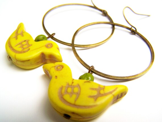 Canary Yellow Bird Earrings, Carved Stone & Green Czech Glass Beads on Antiqued Brass Hoops, Bird Hoop Dangles - Duckie