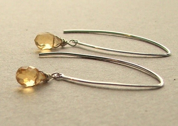 Citrine Yellow Earrings, Understated Silver Earrings, Simple, Gemstone, Half Hoop Marquis Shape Tear Drop Briolette, Modern Contemporary