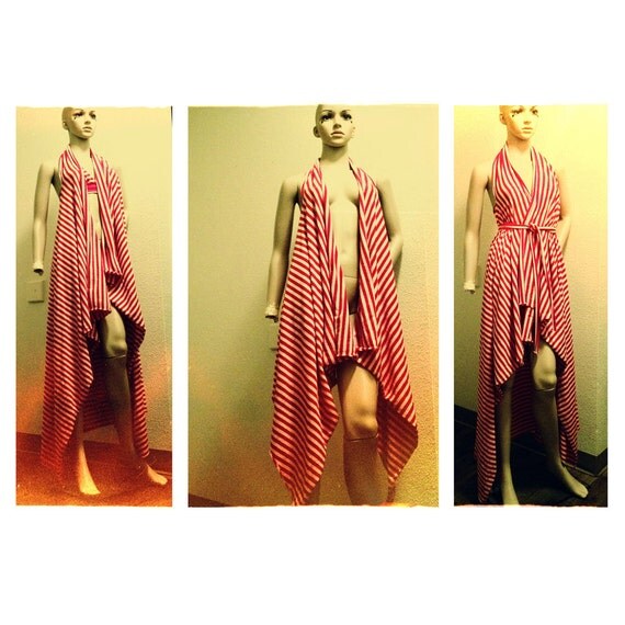 Long Layering Tunic Wrap Dress, Open Back, Beach Bikini Cover Up, red pink stripe cotton multi wear Belly Dance Coverup. Crude Things