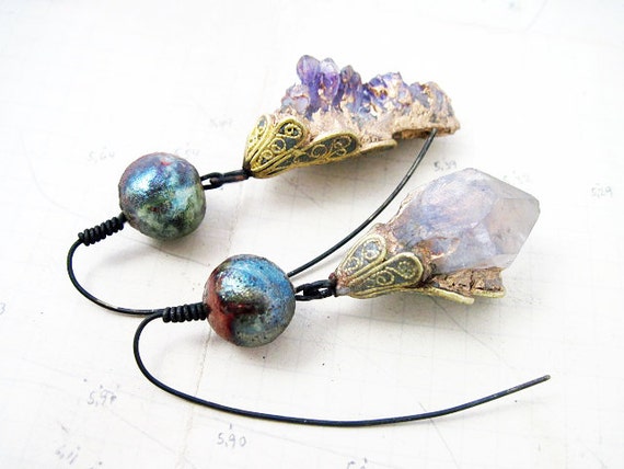 Exquisite Paradox. Cosmic Rustic asymmetrical earrings with rough amethyst and raku.