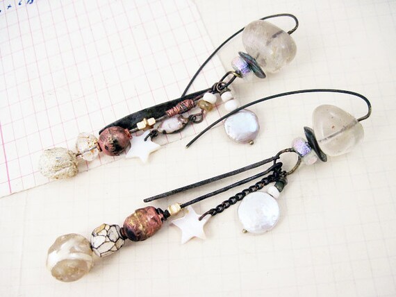 When Others Called Me. Rustic, long, pale, victorian tribal assemblage earrings with vintage, antique and art beads.