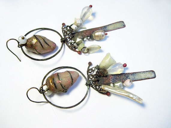 An Island. Rustic Gypsy beachy, victorian tribal ivory white button shell pearl earrings