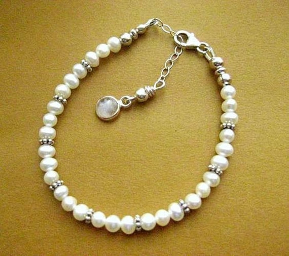 1st Communion Bracelet. White Pearls with Sterling Silver Cross or Moonstone. Young Bridesmaid or  Petite Bride