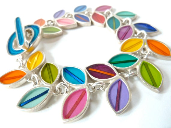 multi colour leaf silver bracelet with resin inlay