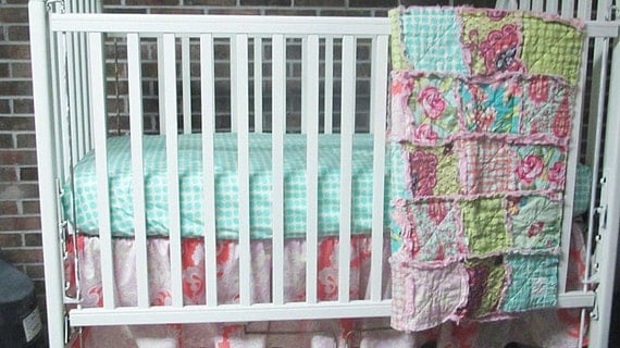 Baby Bedding 3-piece, rag crib quilt,  fitted sheet and ruffled skirt, Pink Love Mix, Girl, ALL NATURAL, baby
