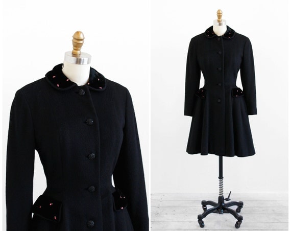 vintage 1950s coat / princess coat / 50s Black Princess Coat with Pink Roses and Peter Pan Collar