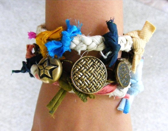 Wrap Bracelet with Sari Silk and Vintage Brass by meiguidesigns