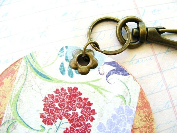 Floral Collage Keychain Large with Brass Ring and by meiguidesigns