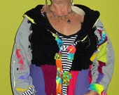 Black and Bright Hoodie Cardigan Upcycled painter sleeves fits small med Lg