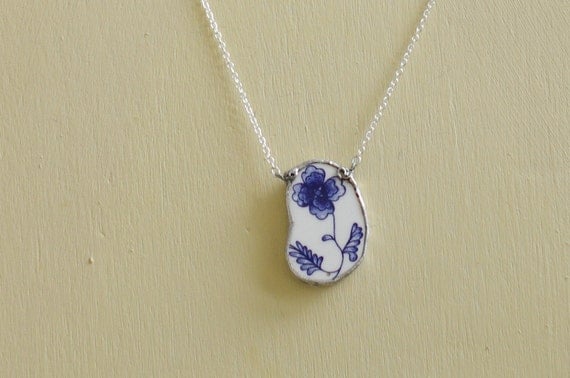 Blue Floral Broken Plate Necklace (medium sized)