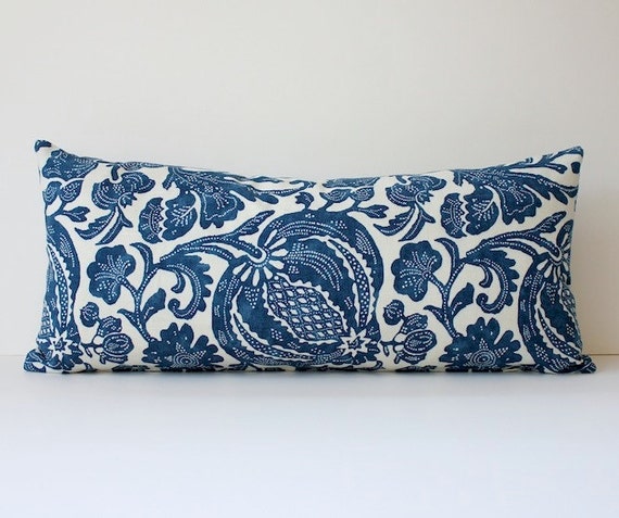 Batik Modern Bolster Designer Decorative Pillow Cover 10" x 22" Navy Blue Indigo Floral  P Kaufmann Ikat Cream White