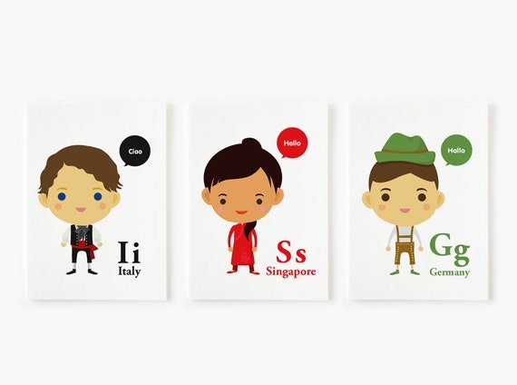 World children, flash cards, nursery decor, National Costume, Kids Wall Art, loopz, loopzart, a-z, Alphabet