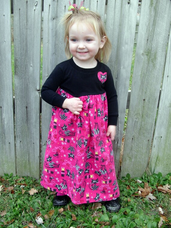 Girl Cat T Shirt Flannel Dress - Long Sleeve - Sizes 12m thru 12 - Pink and Black