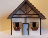 Handmade Miniature Cottage with Blue Door and Tan Shutters. Great for Model Trains, Housewarming, or Hostess Gift.