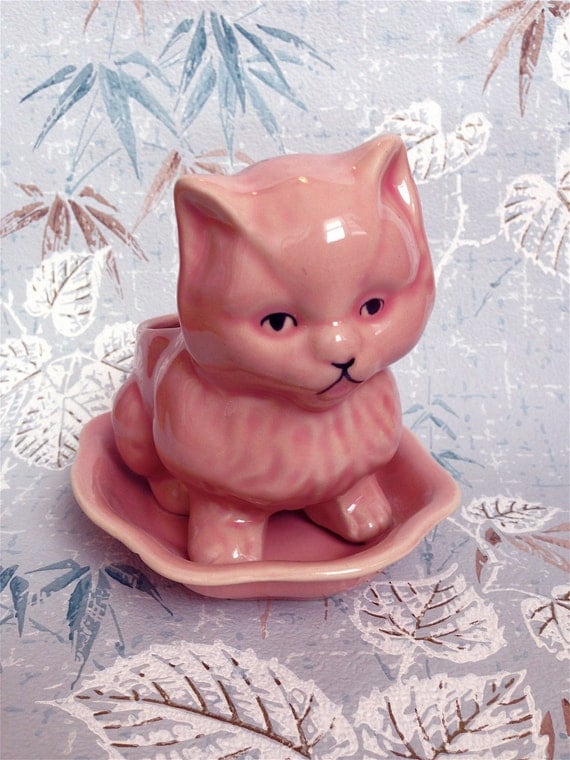 Vintage Kitsch Cuteie Pie  Pink Kitty Cat Planter