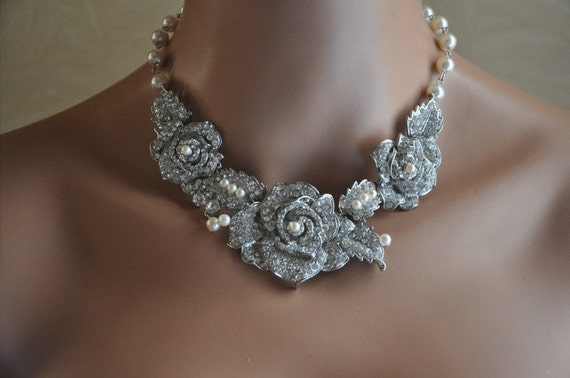 Bridal Necklace,Bridal Statement Necklace,Bridal Pearl and Rhinestone Necklace,Swaroski Crystal,Wedding Necklace,Vintage Style Necklace