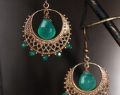 Boho In Green,  emerald green onyx, chalcedony, antiqued copper, dangle earrings, boho, gifts to her