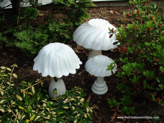 Garden art. Glass totems. Mushrooms.  Milkglass.  "Trio of white mushrooms" made from upcycled repurposed glass.