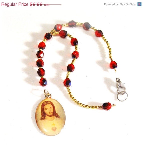 Sale Jesus Rear View Mirror Charm, Ruby Red Fire Polished Crystals