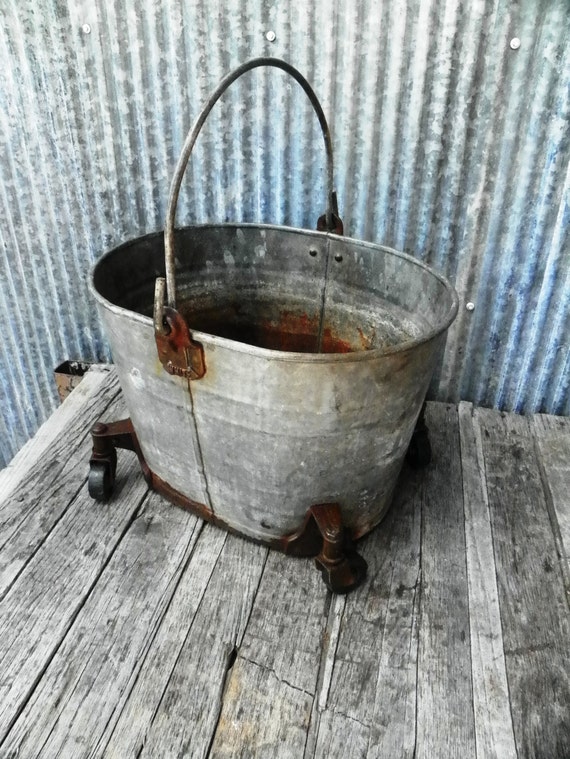 Vintage Galvanized Mop Bucket Industrial Farm Garden Planter Wheels