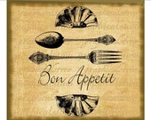 French Bon appetit fork spoon shell Digital download image for Iron on sheet burlap fabric decoupage pillows paper tote bags No. 724