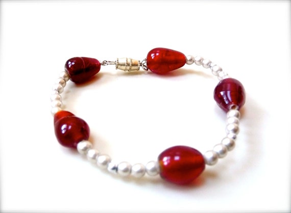Ruby Red Glass Bead Bracelet, Silver Beaded Bracelet, Single Strand