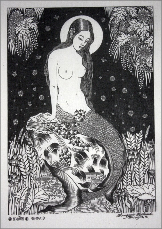 Thai traditional art of Mermaid by silkscreen printing on Natural colors cloth.