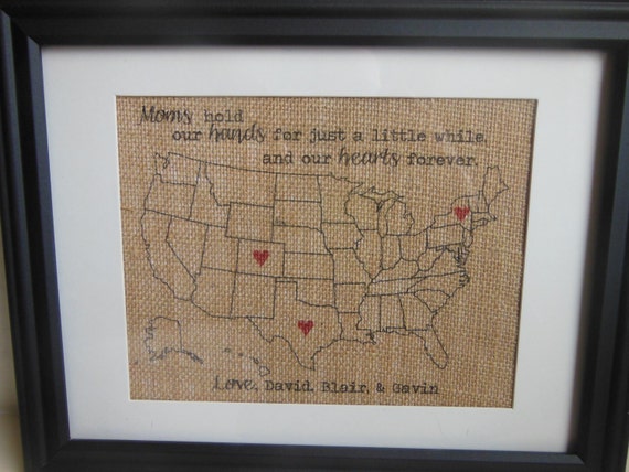 Mothers Day Burlap Print - Gift for Mom or Grandma Map with hearts in locations