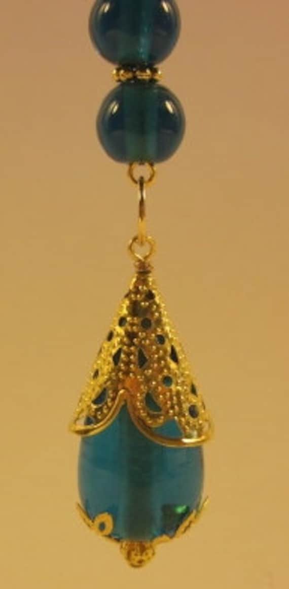 Blue Beaded Rosary Style Necklace, Renaissance Inspired Blue Pendant.