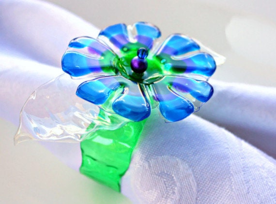 Blue Napkin Ring Set of 6 Daisy flower upcycled bottle recycled plastic peacock table home decor green ring beaded purple repurposed ombre