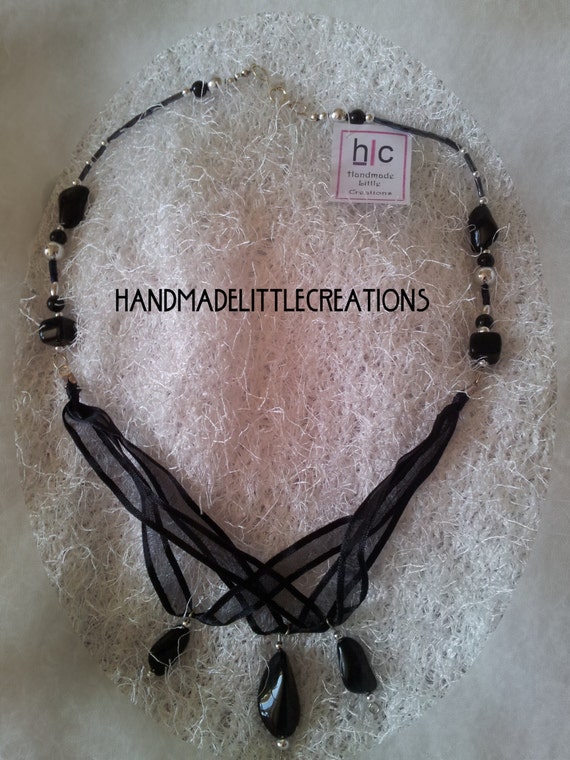 Ooak Gothic Droplets and Satin Edged Organza Ribbon Beaded Necklace