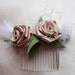 Vintage Style Champagne Roses and Feathers Hair Comb With Green Burlap Fabric Leaves